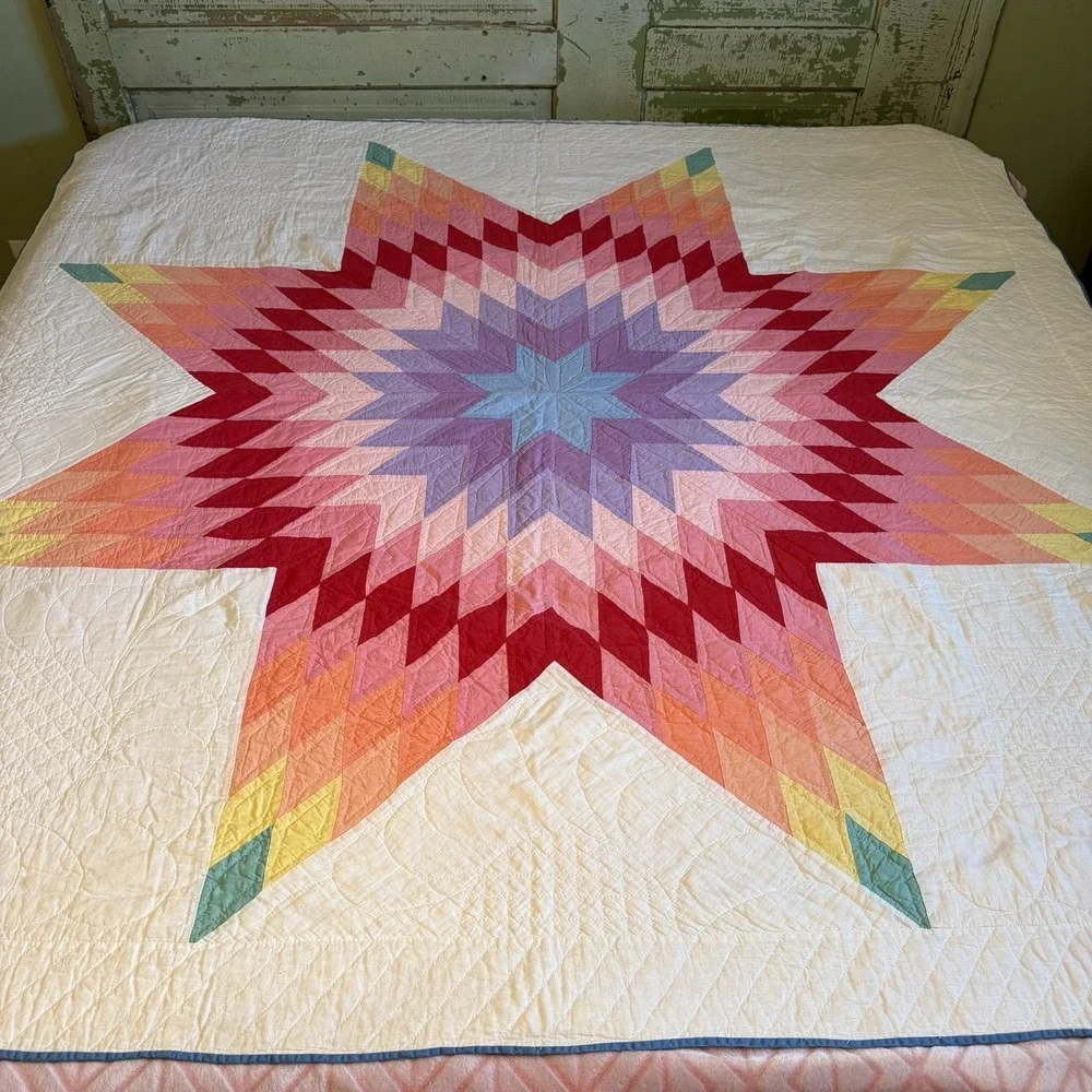 Vintage Hand-Stitched 8 Point‎ Blazing Lone Star Quilt Rainbow Depression Era